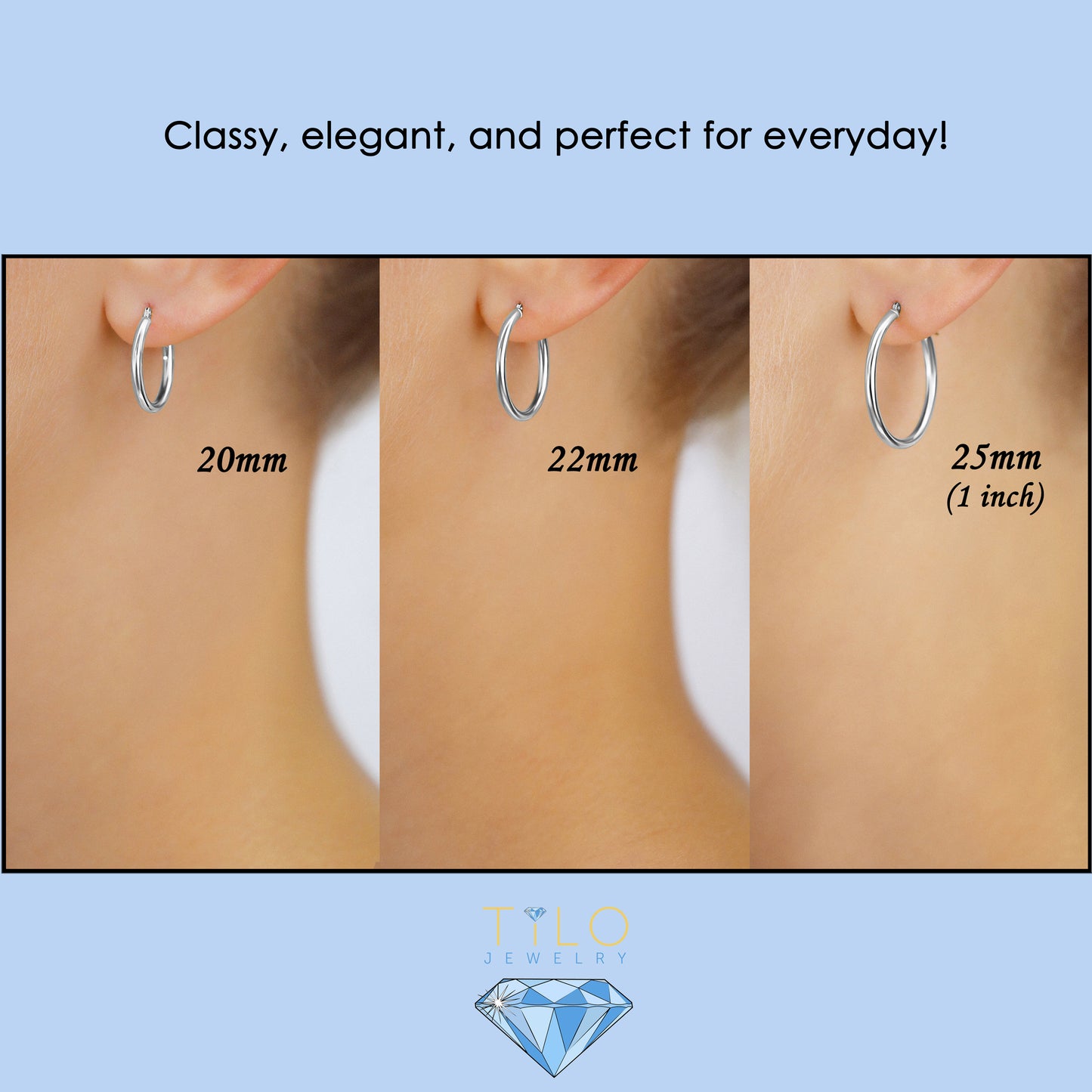 10K White Gold Classic Round Hoop Earrings, All Sizes Available