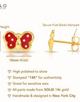 14K Yellow Gold Butterfly Poke-A-Dot Enamel Studs, Pushback