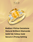 Natural Citrine Gemstone Ring, 14k Gold Ring with Natural Diamonds