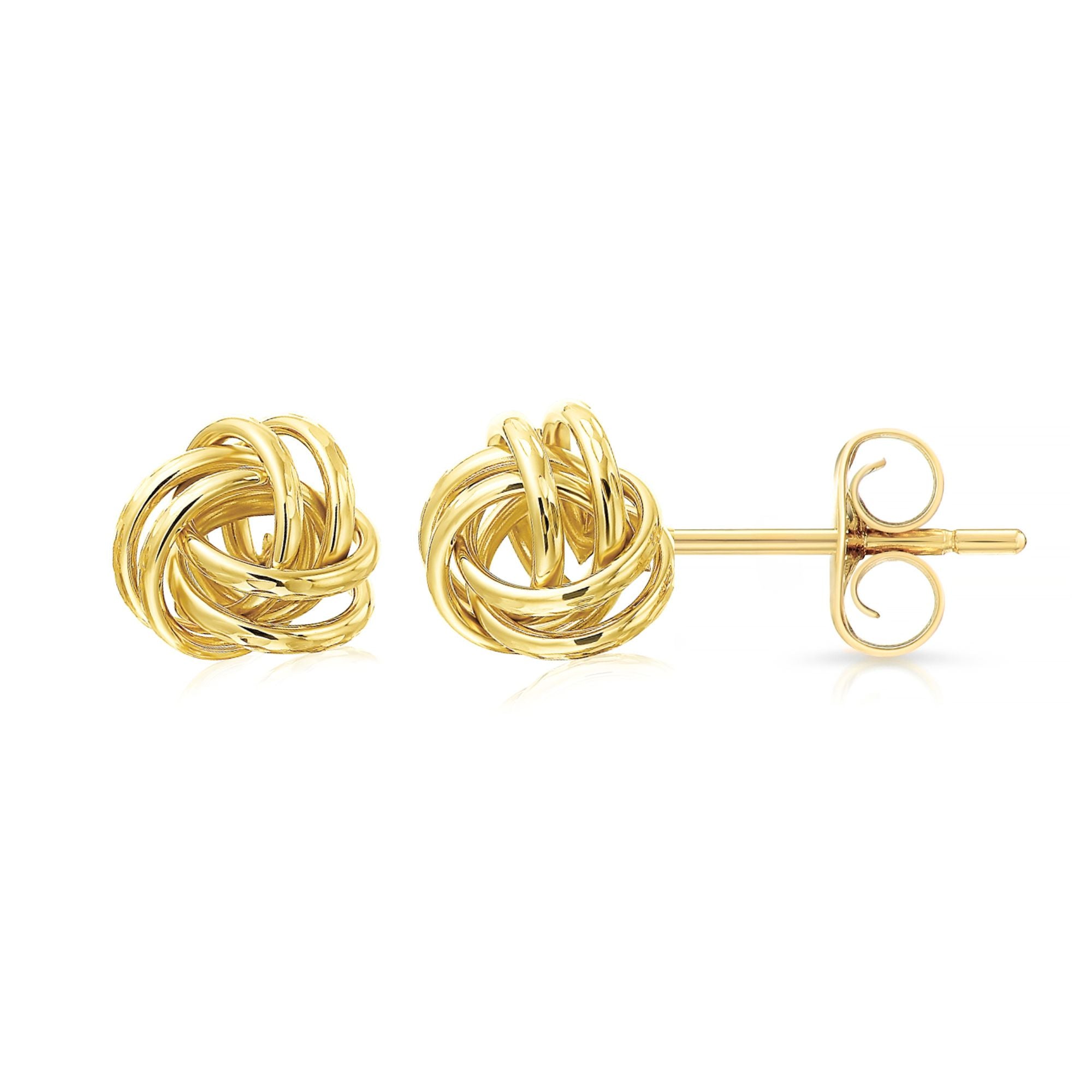 14k Gold Love Knot Stud Earrings with Hand Engraved Diamond Cuts, 9mm, Pushback Studs