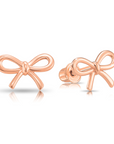 14K Solid Rose Gold Ribbon Bow Stud Earrings, With Secure Screw-Backs