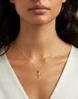 14K Yellow Gold Small CZ Cross Pendant, With 18" Cable Chain Necklace