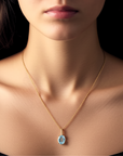14k Yellow Gold Topaz Necklace, Brilliant Sky Blue 6 Carat Oval Shaped Topaz Gemstone Pendant