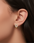 14K Yellow Gold Ruby Birthstone CZ Flower Huggies Hoop Earrings