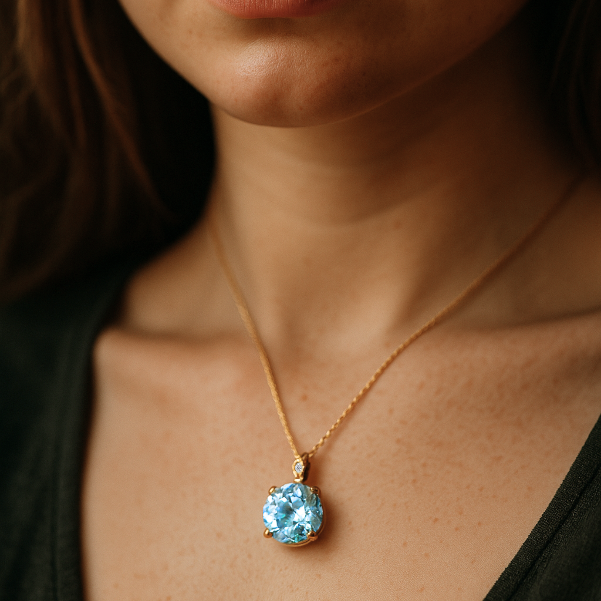 14K ブルーパッショントパーズ & ダイヤモンドY G トップ 天然石 14k Yellow Gold Sky Blue Topaz Gemstone and Diamond Pendant – Tilo