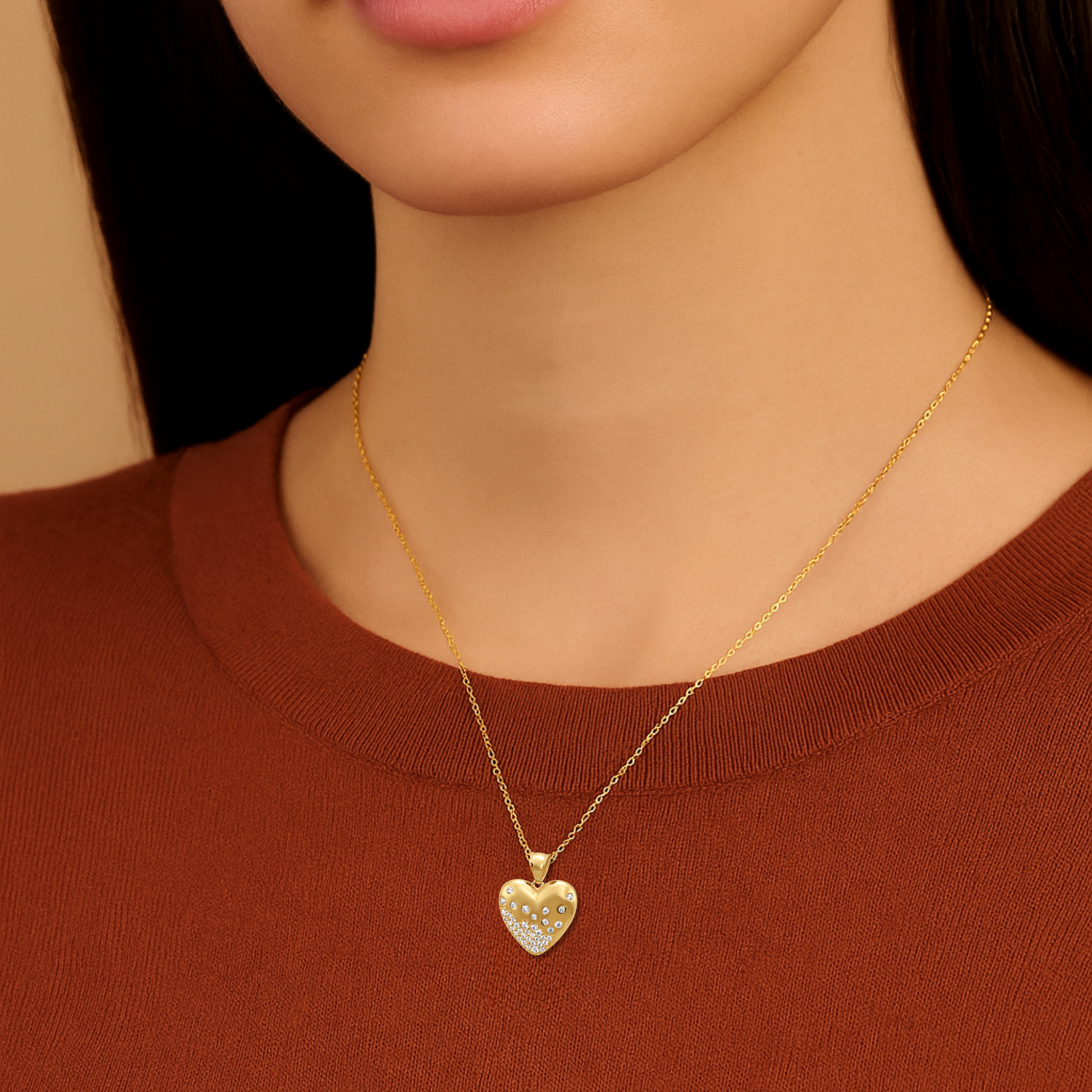 14K Solid Yellow Gold Heart Pendant, With 18" Cable Chain Necklace