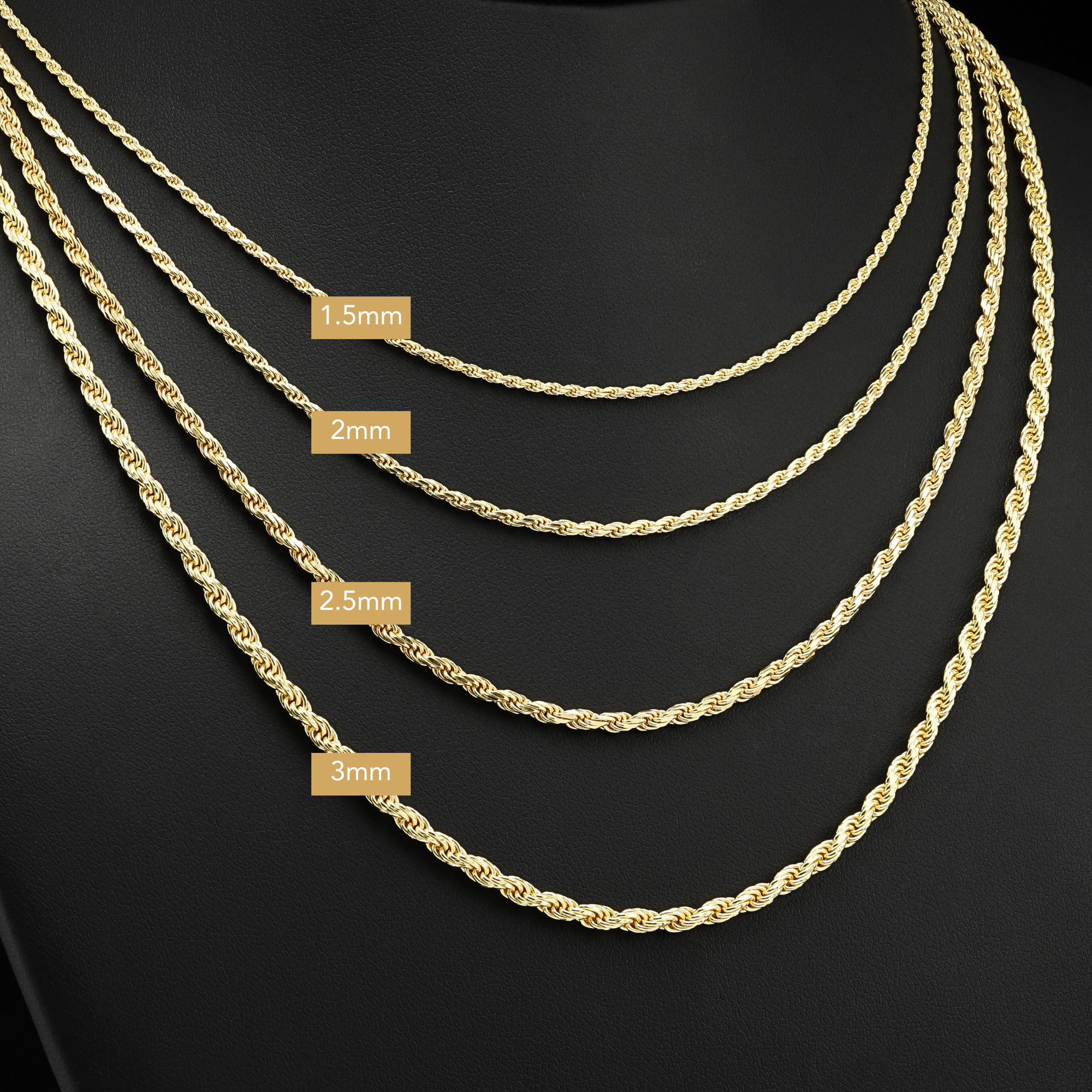 Italian Rope Chains with Strong Lobster Lock, Sterling Silver Dipped In 14K Gold