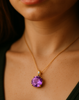 14k Yellow Gold Purple Amethyst Gemstone And Diamond Pendant Necklace
