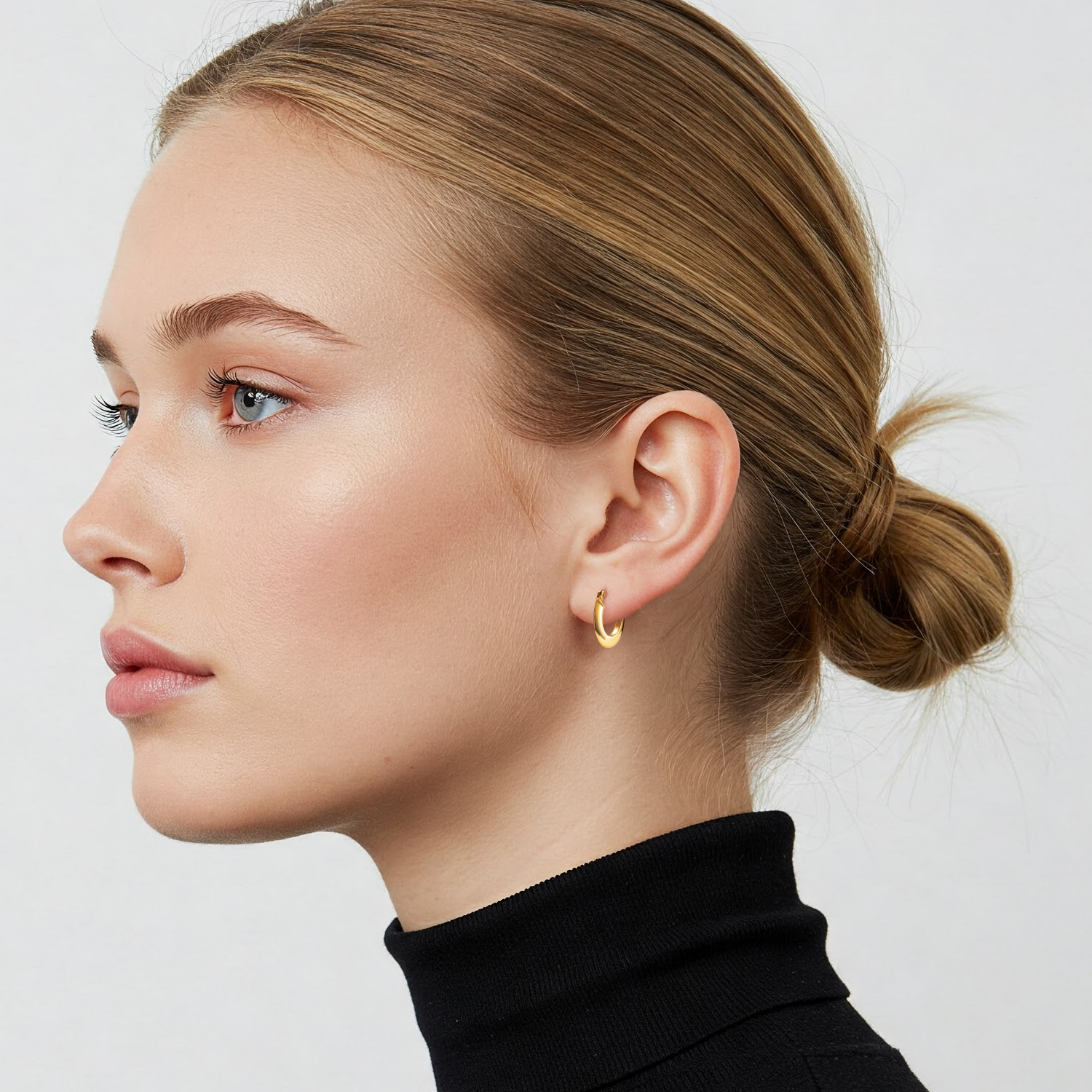 Solid 10K Yellow Gold Round Hoop Earrings, Italian Style, Shiny Flat Tube Hoops, 14mm