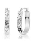 14K White Gold U-Shape Hoop Earrings, "Tornado" Engraved Pattern
