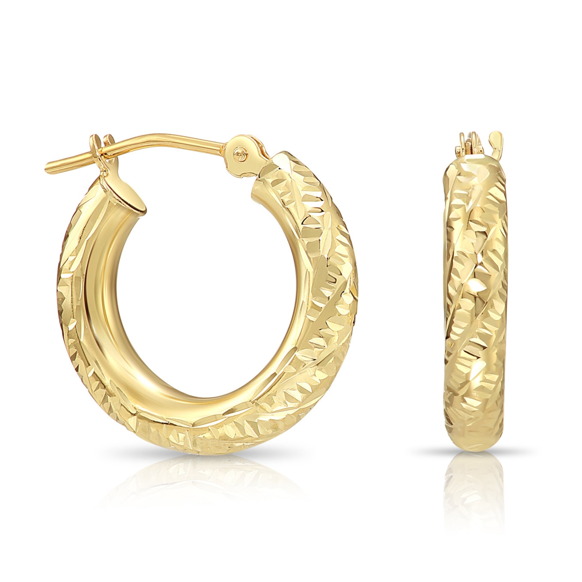 14K Yellow Gold Tornado Hoop Earrings, Diamond-Cut & Hand Engraved