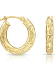 14K Yellow Gold Tornado Hoop Earrings, Diamond-Cut & Hand Engraved Design, 3mm Thin