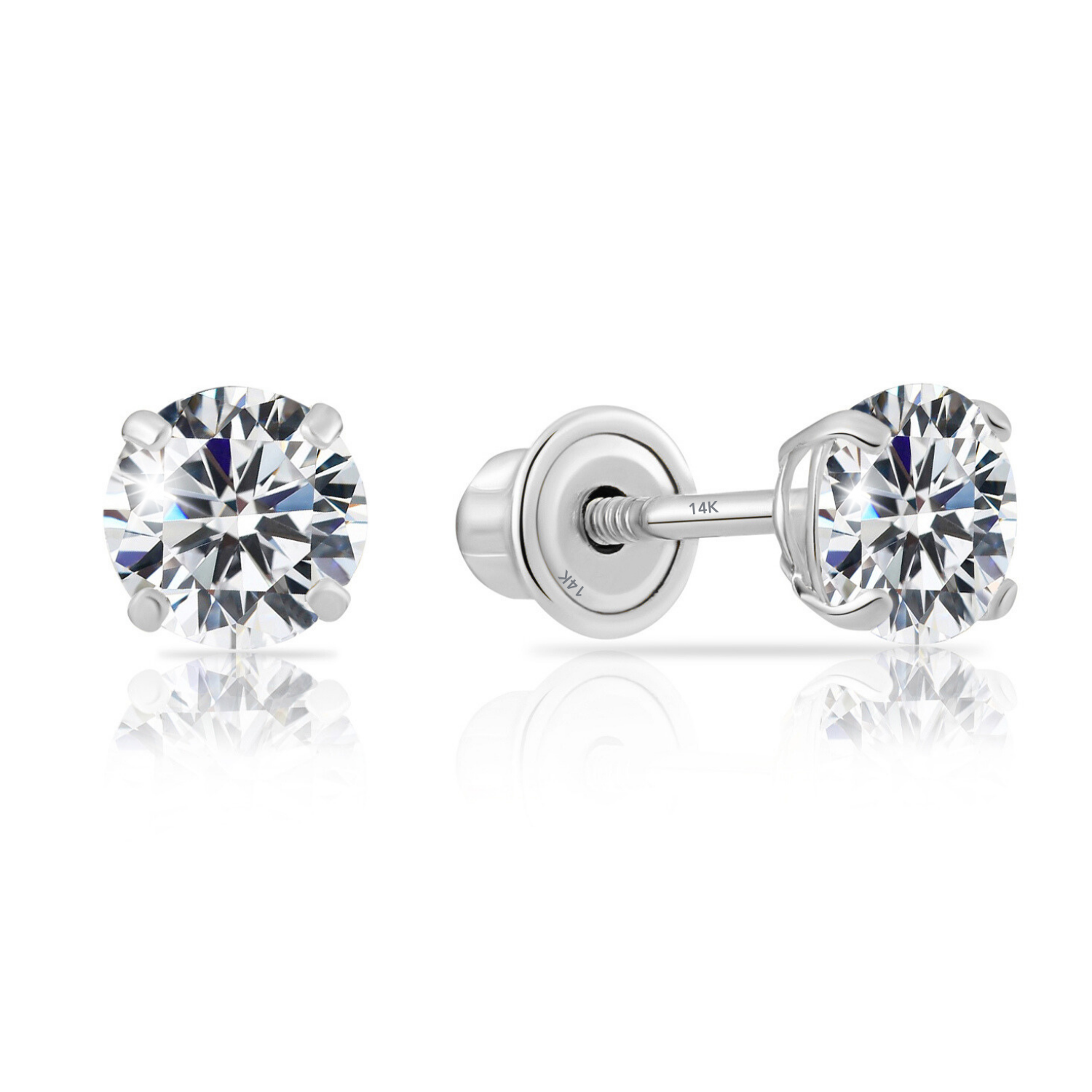 14k White Gold Classic Solitaire Stud Earrings, Screwback