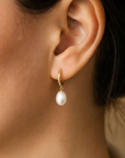 14K Gold Freshwater Pearl Drop Earrings, Huggie Design With Diamond-Cuts