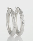 Sterling Silver Diamond-Cut Round Hoop Earrings, Medium Hoop Earrings 28mm, Hand Engraved Design