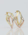 10K Gold Tri-Color Square Hoop Earrings, Italian Style Design, Twisted Hoops
