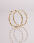 14K Yellow Gold X Pattern Diamond Cut Hoop Earrings