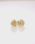14k Gold Love Knot Stud Earrings with Hand Engraved Diamond Cuts, 9mm, Pushback Studs