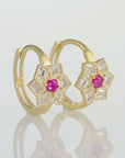 14K Yellow Gold Ruby Birthstone CZ Flower Huggies Hoop Earrings