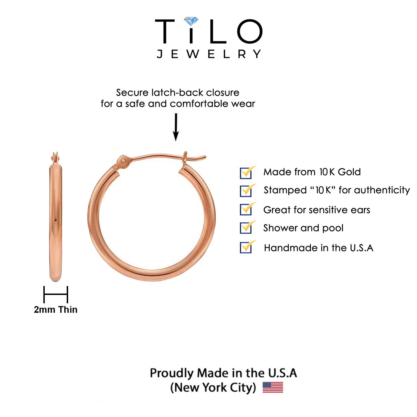 10K Rose Gold Classic Round Hoop Earrings, All Sizes Available