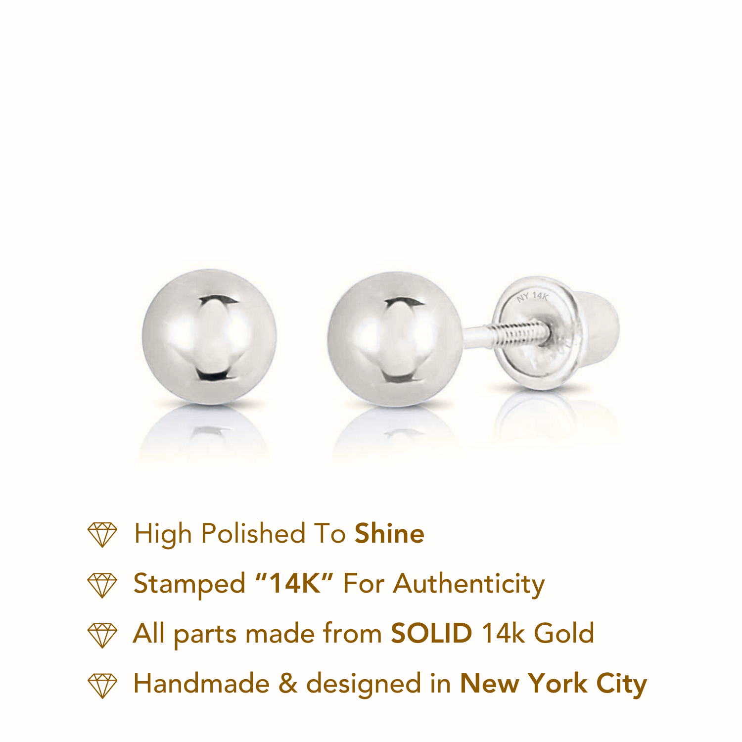 14k White Gold Classic Ball Stud Earrings with Screwbacks (Unisex)