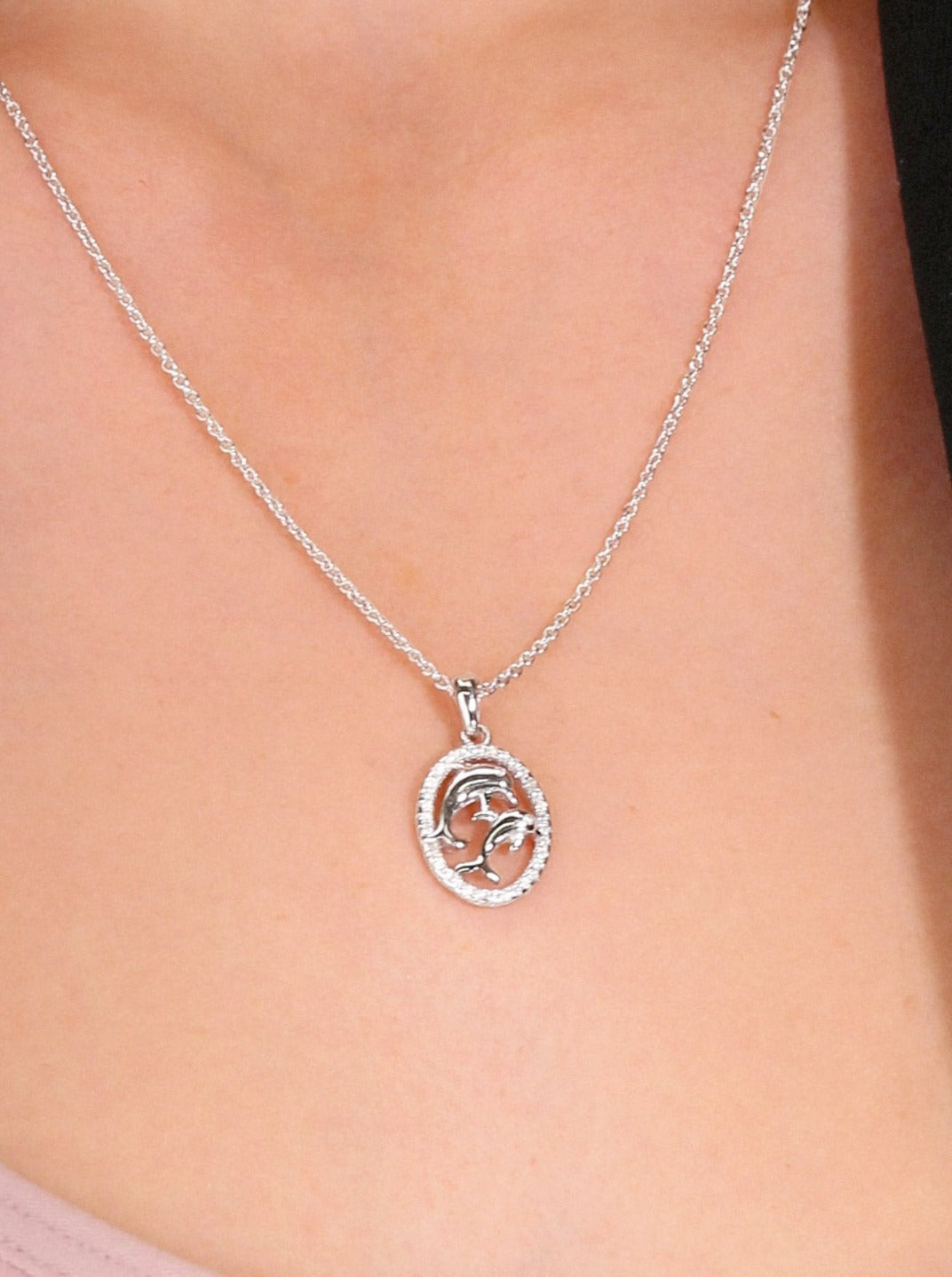 Sterling Silver Twin Dolphin Halo Necklace