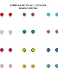 Set of 12! 14k Yellow Gold Birthstone Stud Earrings, 3mm Jewelry Set