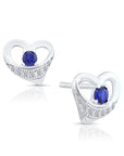 CZ Heart Stud Earrings with Blue Stone in Sterling Silver