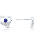 CZ Heart Stud Earrings with Blue Stone in Sterling Silver