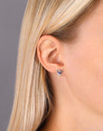 CZ Heart Stud Earrings with Blue Stone in Sterling Silver