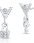 CZ Lock And Key Dangle Stud Earrings in Sterling Silver