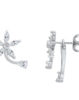 CZ Daisy Flower Stud Earrings, Two Leaf in Sterling Silver