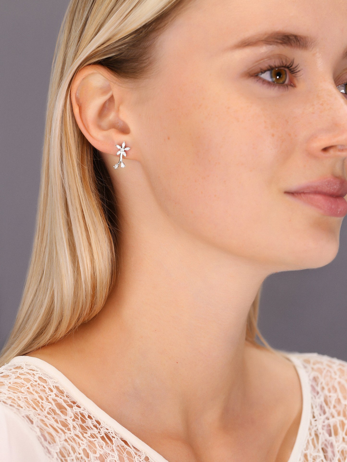 Sterling Silver Daisy Flower Stud Earrings, Two Leaf
