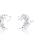 CZ Tiny Moon with Star Stud Earrings in Sterling Silver