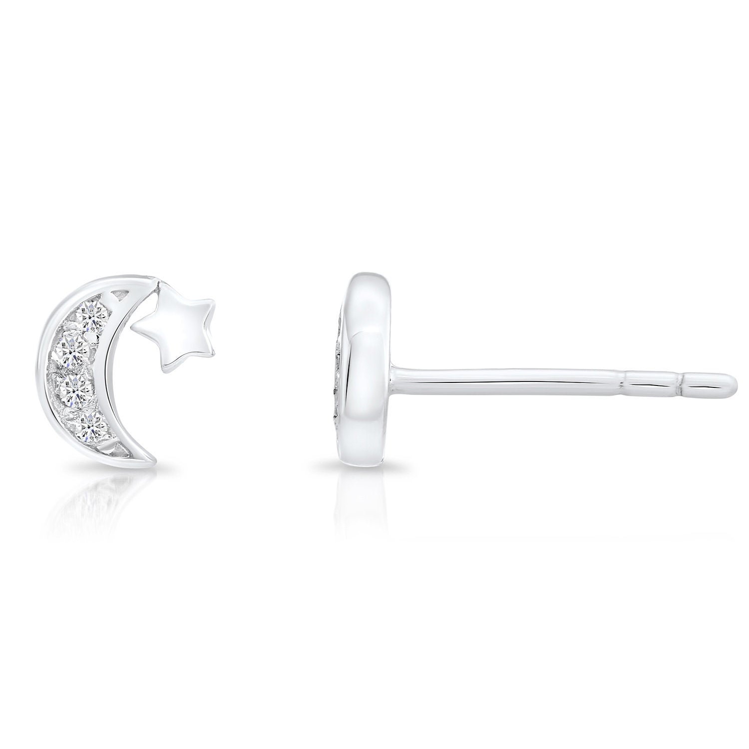 Monkimau Orecchini A Bottone Luna E Stella In Argento 925 Con Zirconi E Perla - Regalo Per Donne