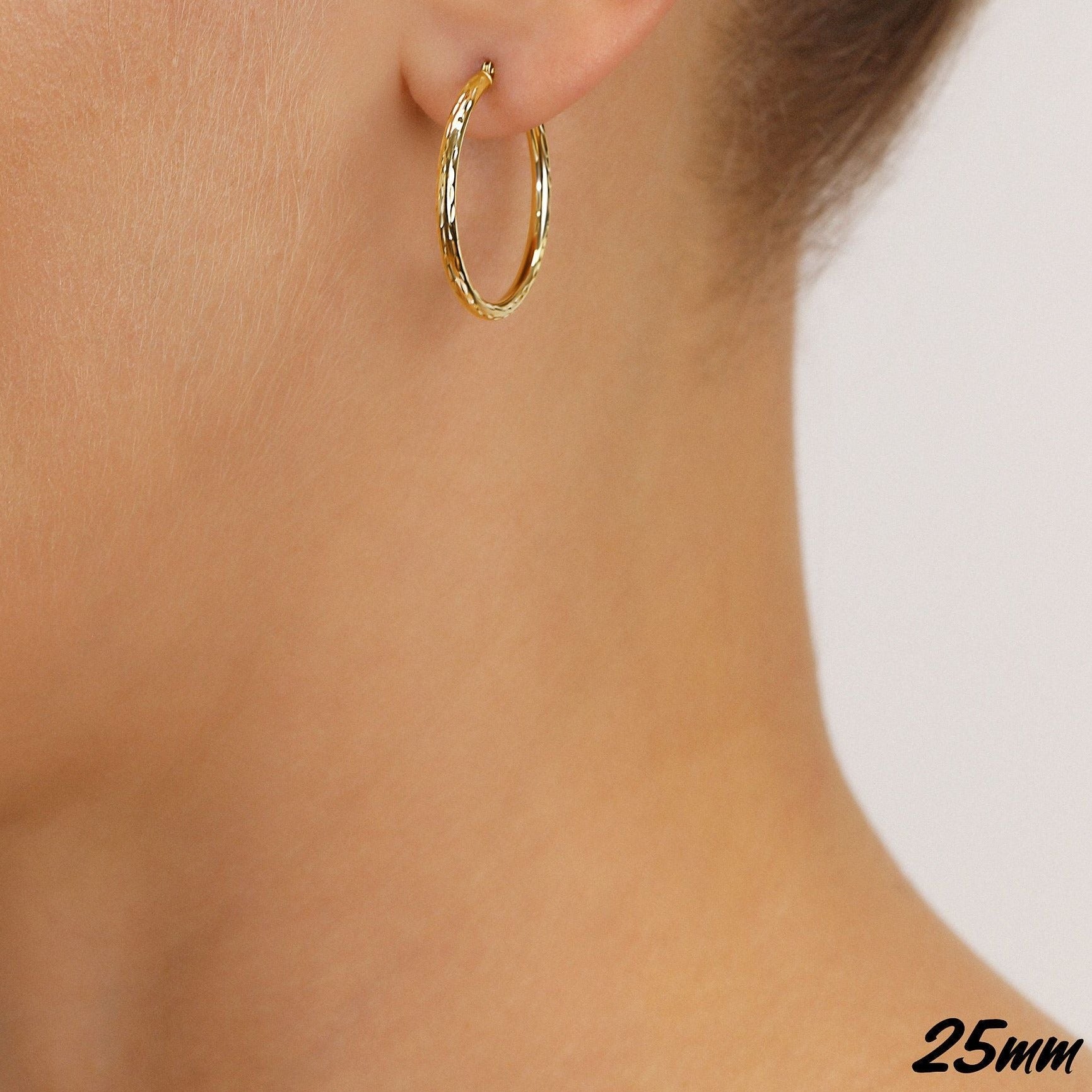 14k Yellow Gold All Around Diamond-Cut Hoop Earrings