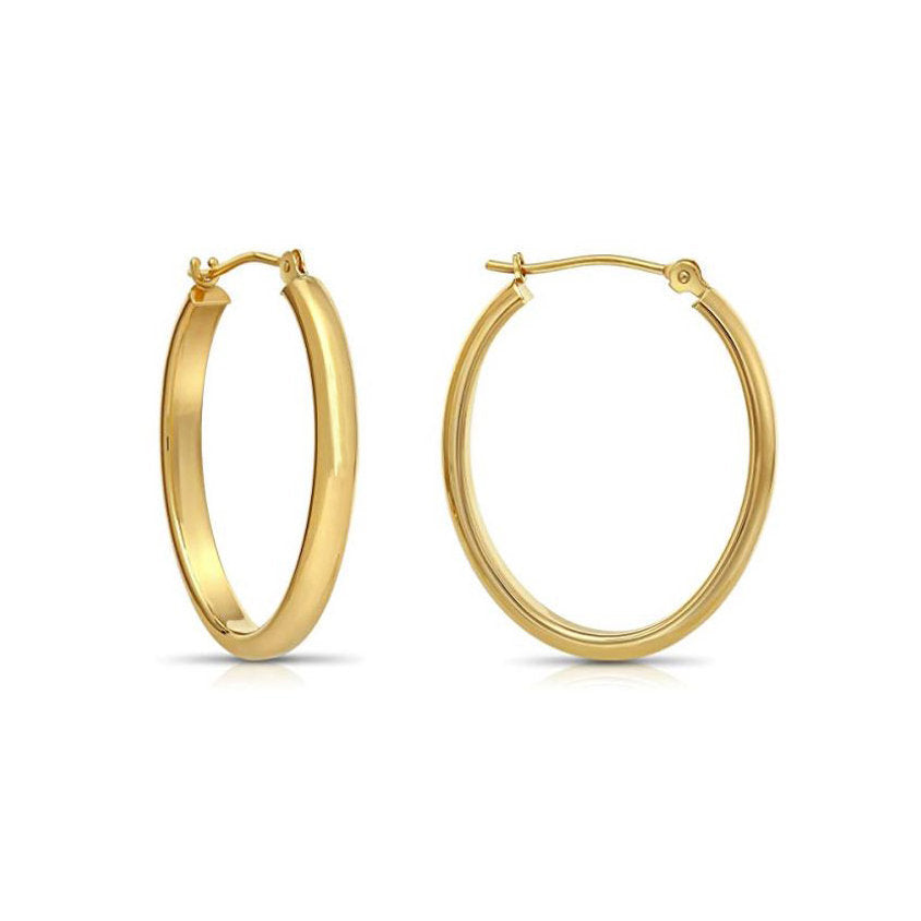 14k Gold Oval Hoop Earrings, New Half Round Tube