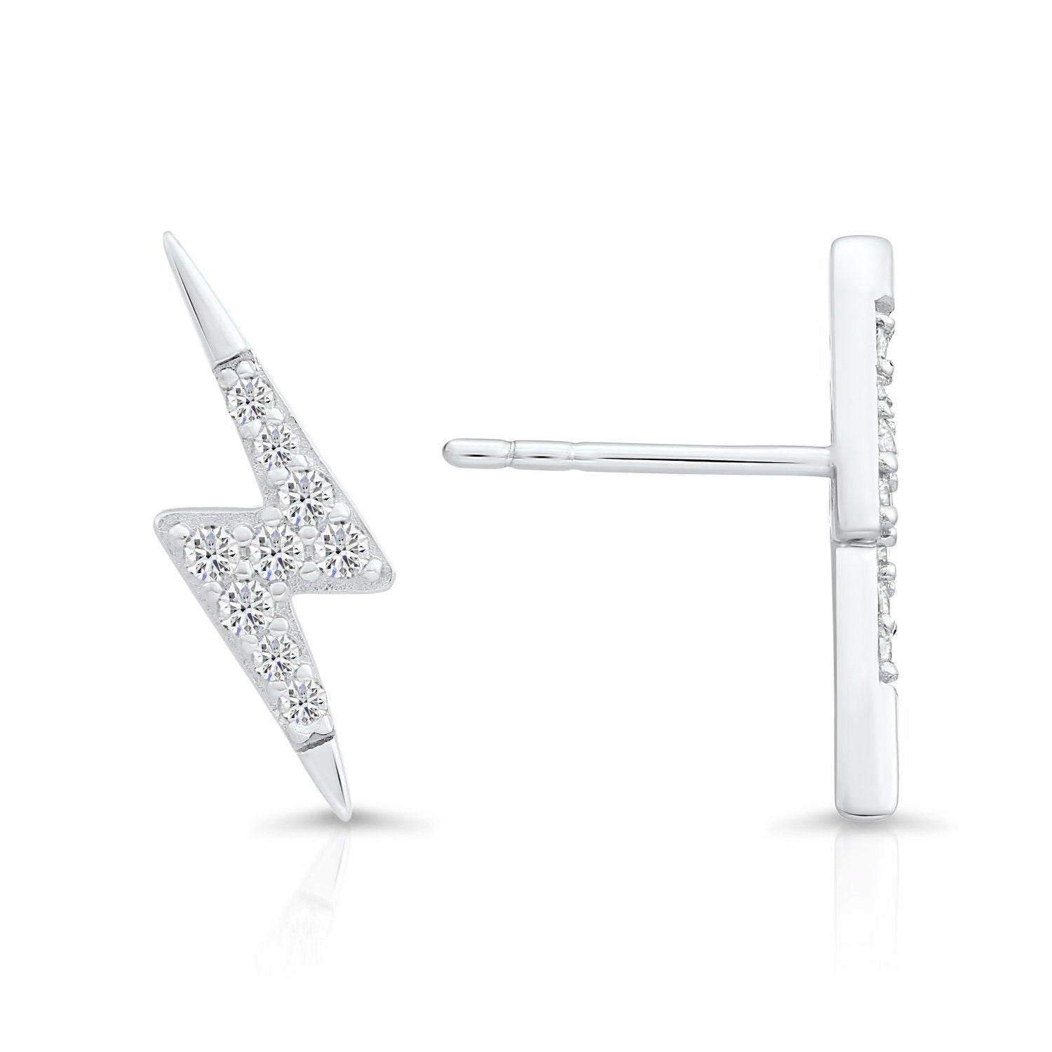 CZ Lightning Bolt Stud Earrings, Unisex in Sterling Silver