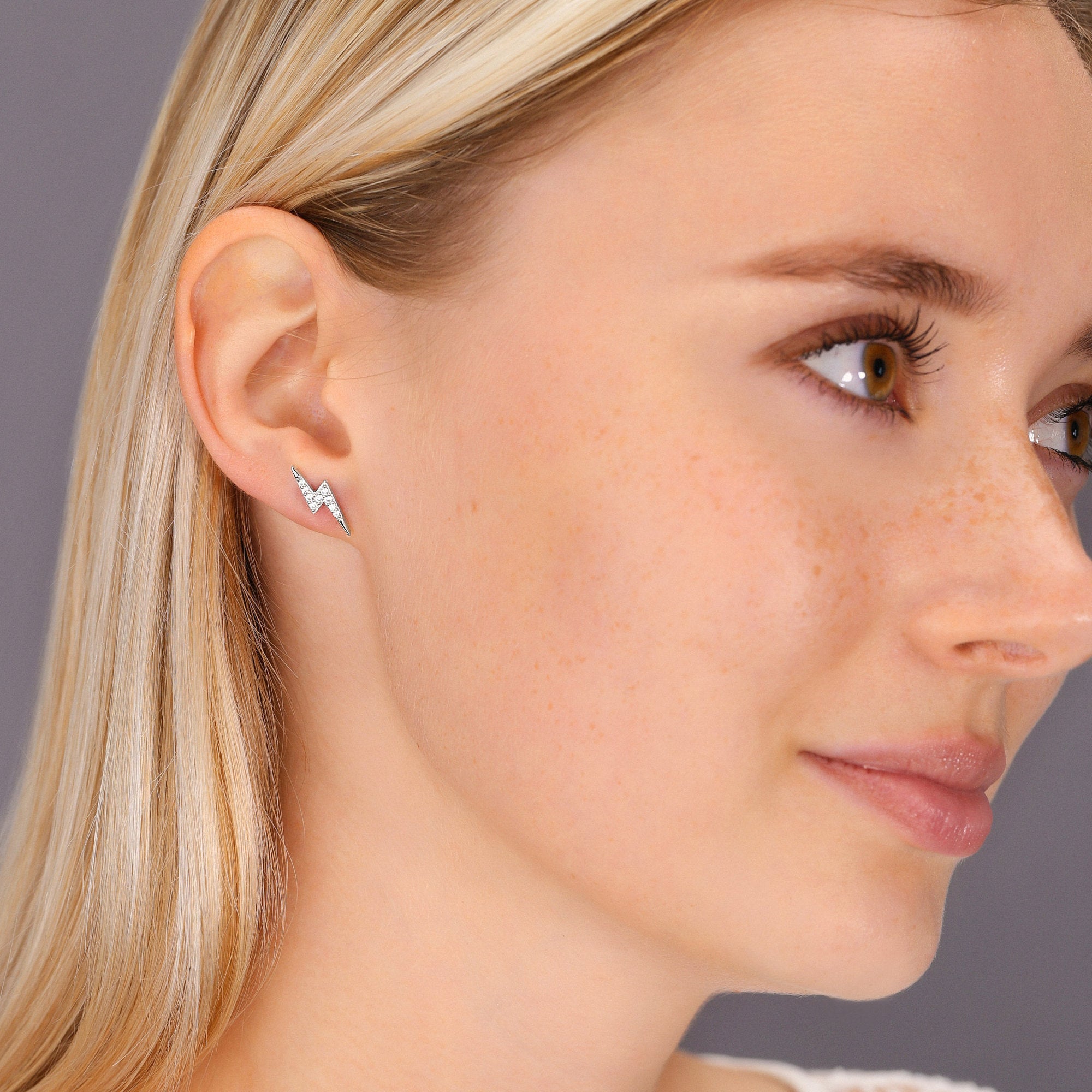CZ Lightning Bolt Stud Earrings, Unisex in Sterling Silver