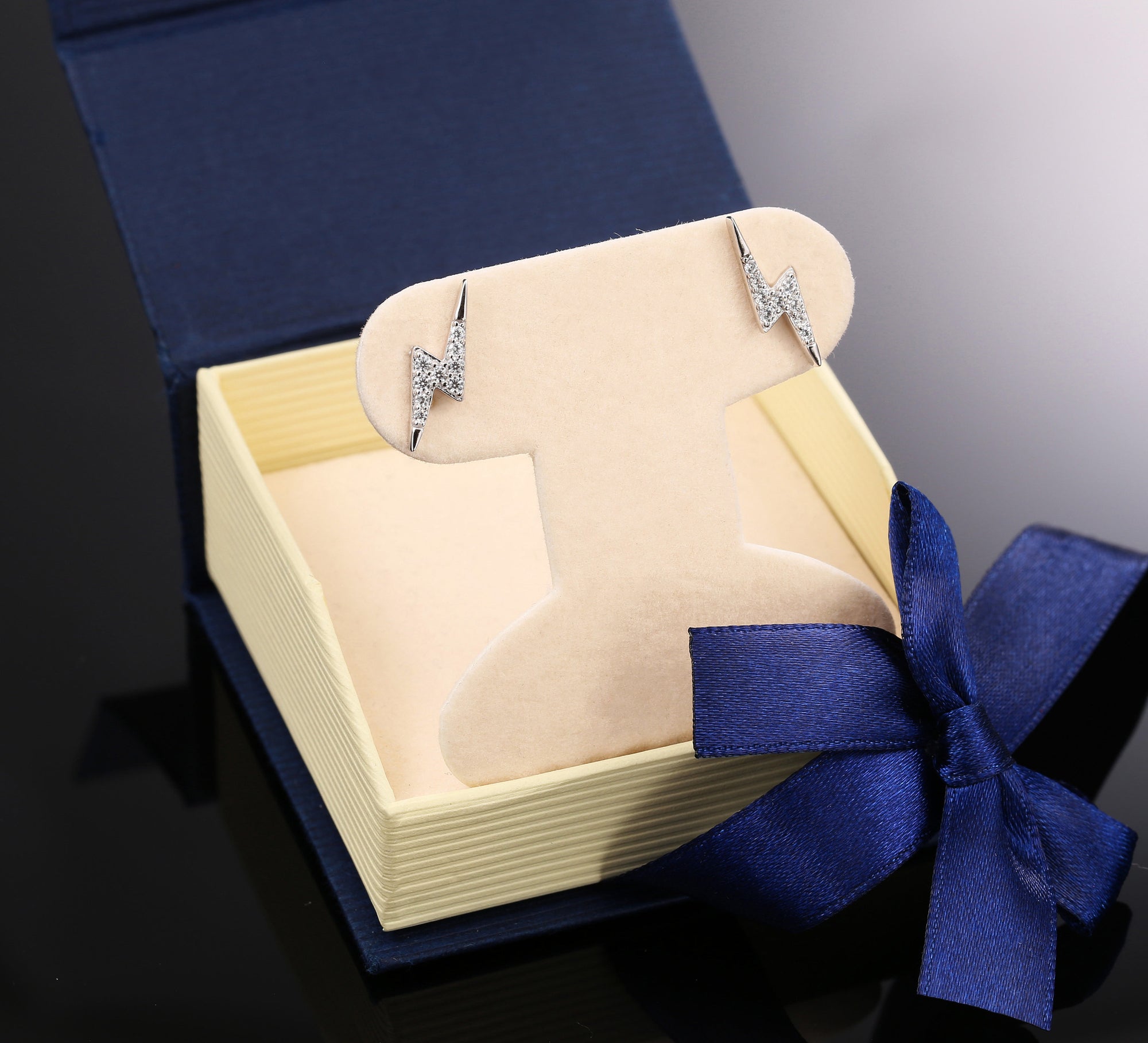 CZ Lightning Bolt Stud Earrings, Unisex in Sterling Silver