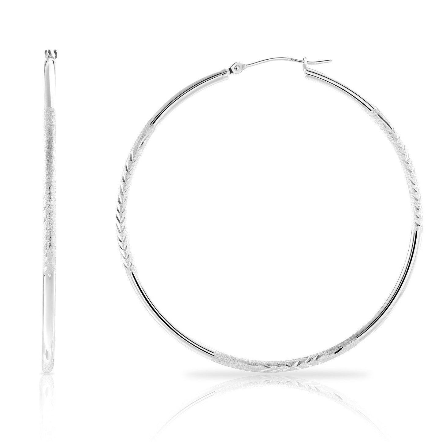 14k Gold Large Hoop Earrings with Floral Diamond Cuts, 2 inch