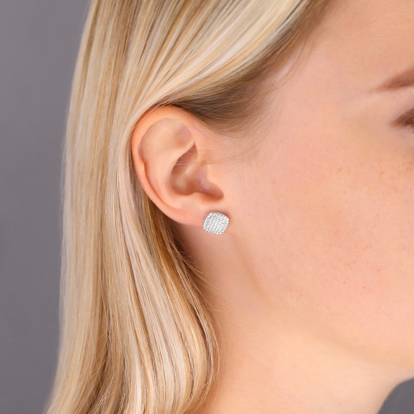 Sterling Silver Square Stud Earrings, Pave, Unisex