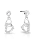 CZ Double Heart Dangle Stud Earrings in Sterling Silver