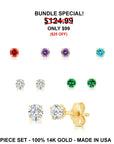 Bundle 5 Color Set! 14k Solid Yellow Gold Birthstone CZ Stud Earrings, 3mm
