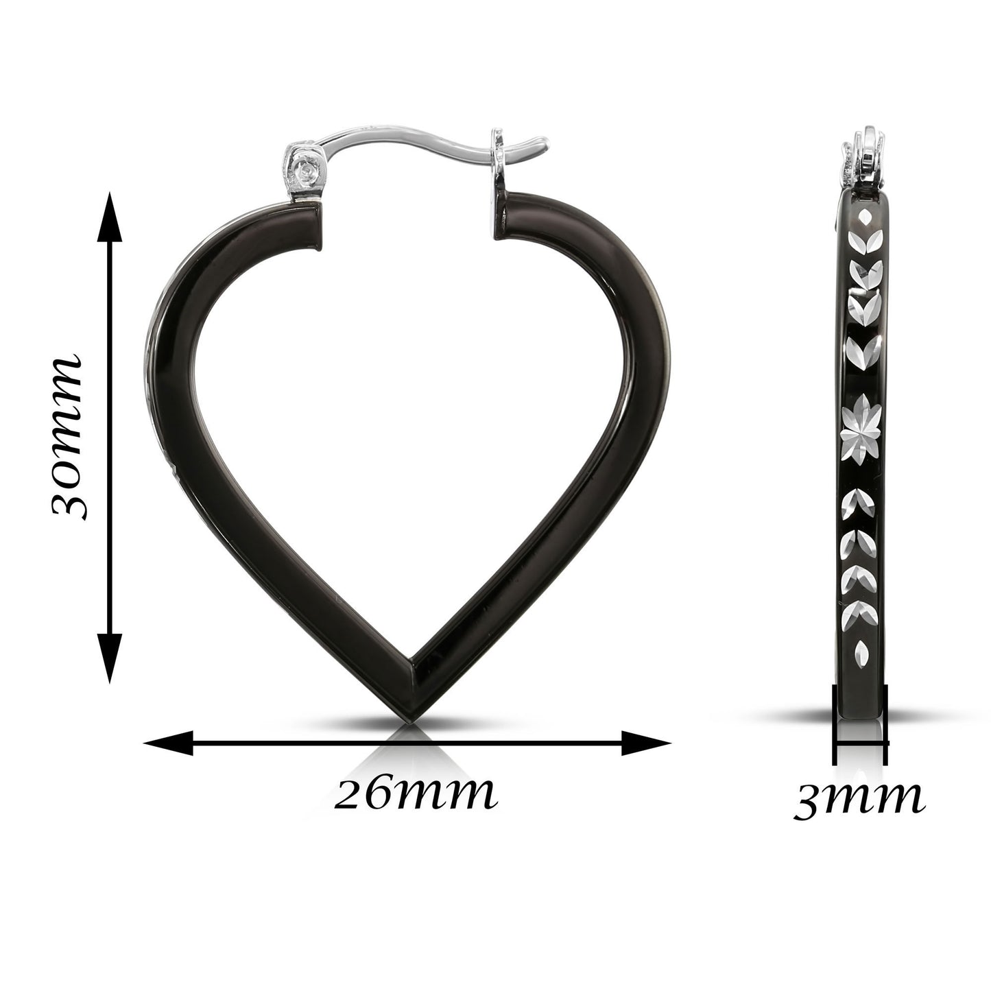 Fancy Glossy Black Sterling Silver Heart Hoop Earrings with Hand Engraved Floral Diamond-cut
