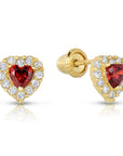 14k Yellow Gold Halo Heart Birthstone Stud Earrings, With Secure Screwbacks, Available in 12 Colors