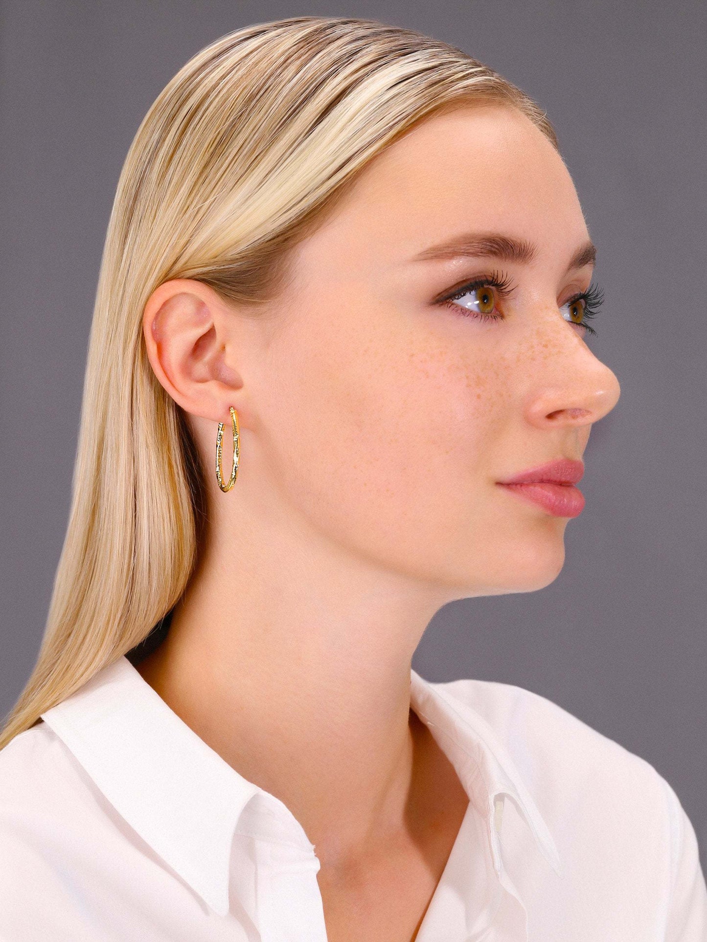 14k Yellow Gold Textured Hoop Earrings, The Spiral Collection
