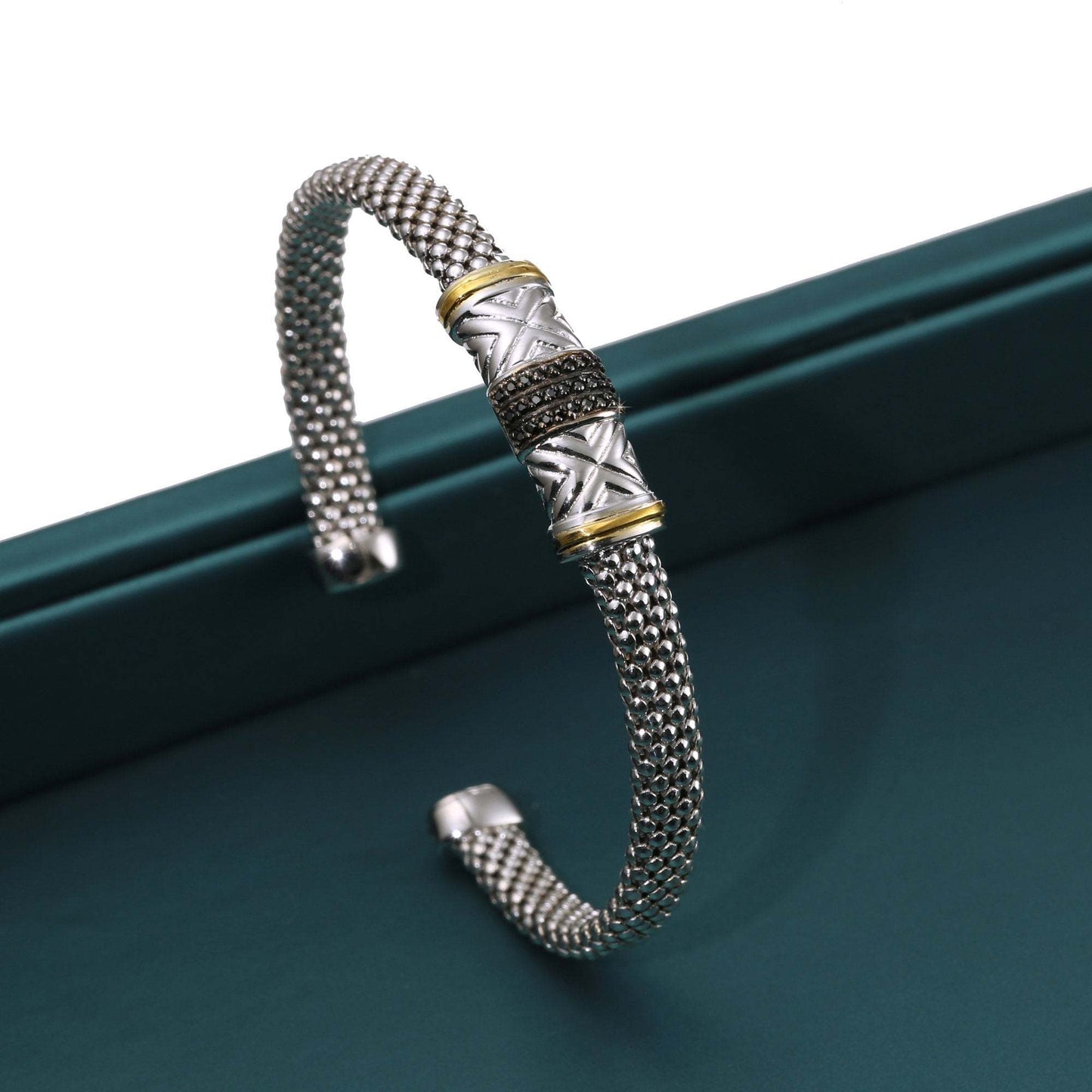 Black Stone Italian Cuff Bracelet in Sterling Silver with Gold Accents