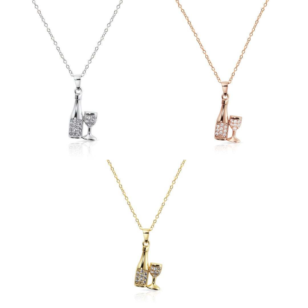 New Celebration Necklace, Wine and Glass, Champagne Party in Sterling Silver, Three Colors