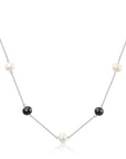 Pearl Station Necklace, Black and White Freshwater Cultured Pearls in Sterling Silver